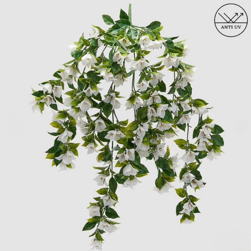 Bouganville bianca artificiale cascante anti UV con foglie verdi, utilizzo interno ed esterno